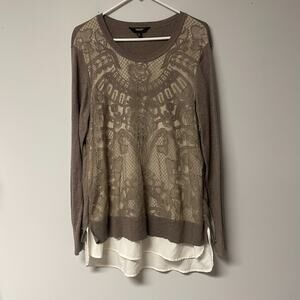 Vera Wang Womens Brown XL Overlay Layered Knit Top Long Sleeve Casual Lace Comfy